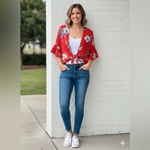 Women’s Floral Knotted Cardigan Red Size Medium